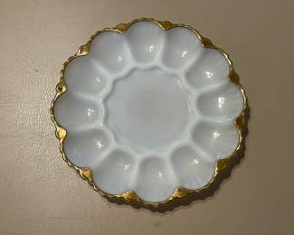 Vintage Anchor Hocking Milk Glass Gold Trim Deviled Egg Platter