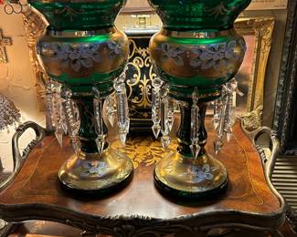 	#2	Vintage pair German Lusters green with gold gilt 13.25"H	 $300.00 				