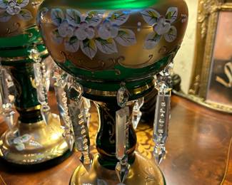 	#2	Vintage pair German Lusters green with gold gilt 13.25"H	 $300.00 				
