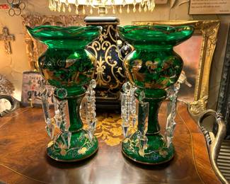 	#4	Vintage pair German Lusters green with gold gilt 9"H	 $300.00 				