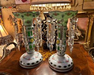 	#5	Vintage pair German Lusters white with green 10.25"H	 $200.00 				
