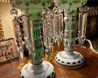 	#5	Vintage pair German Lusters white with green 10.25"H	 $200.00 				