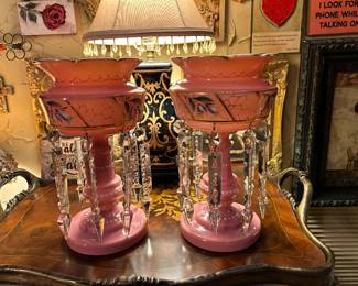 	#6	Vintage pair German Lusters pink 10"H	 $300.00 				