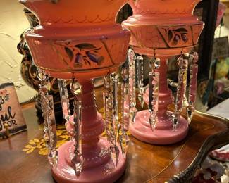 	#6	Vintage pair German Lusters pink 10"H	 $300.00 				