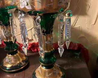 	#7	Vintage pair German Lusters green with white and gold gilt 12"H	 $300.00 				