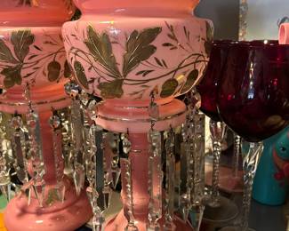 	#34	Vintage pair German Lusters pink with gold gilt 	 $300			
