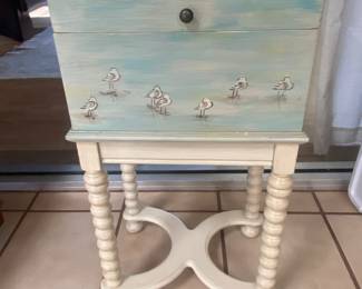 Hand Painted Wood Box with Handles, Beach Scene with Seagulls on stand   27 1/2 X 15 X 11