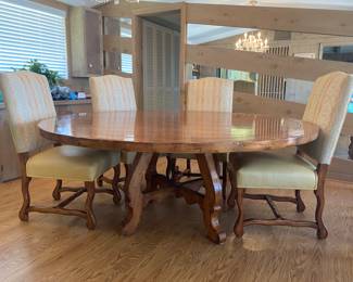 Fremarc Design  solid wood pedestal table and 8&nbsp;leather seated high back chairs.&nbsp;