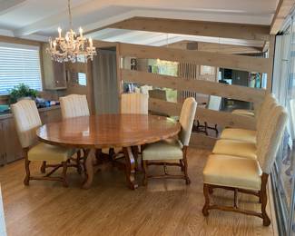 Fremarc Design 25" solid wood pedestal table and 8&nbsp;leather seated high back chairs.&nbsp;