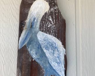 Pelican wall art on dock wood signed by Ed Koon