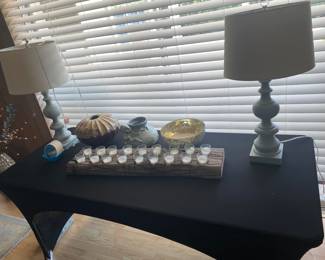 Sea Blue Wooden lamps, pottery, pottery barn wood candle holder 