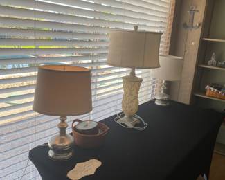 Pair of silver lamps with shades, Glass coral style lamp with shade