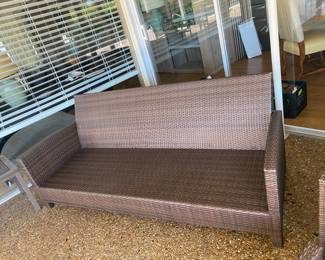 Forever Wicker outdoor patio set couch, two chairs with ottomans and side table