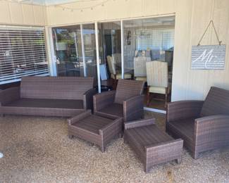 Forever Wicker outdoor patio set couch, two chairs with ottomans and side table