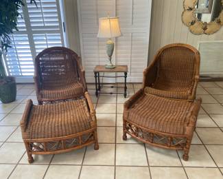 Vintage Rattan Chairs with ottoman, metal and wood side table