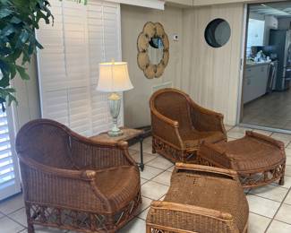 Forever Wicker outdoor patio set couch, two chairs with ottomans and side table