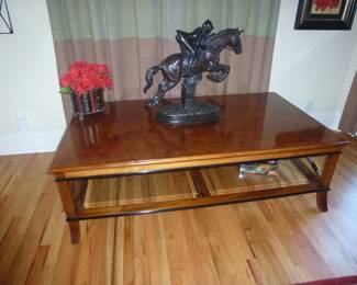ADAC INLAID MARQUETRY COFFEE TABLE WITH GLASS SHELF.