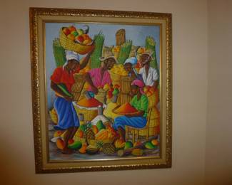 Hugh Guy Rouanez Haitian Market Signed Oil Painting