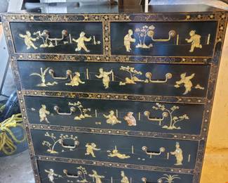 Antique Six Drawer Chinese Chest - Black Lacquer & Mother of Pearl