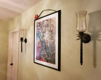 Tropical Watercolor Painting with Two Palm Tree Candle Sconces