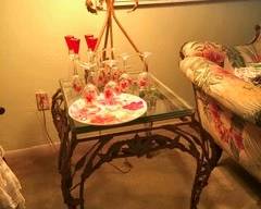 Iron Table Lamp & End Table.  Assorted Hand Painted Glassware.