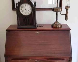 Antique Secretary Desk, New Haven Abbey Westminster Mantel Clock, Brass Glass Lamp