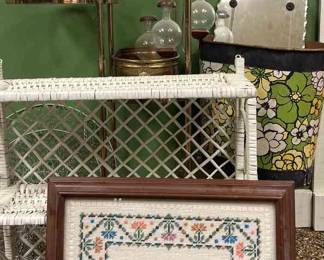 Brass Glass Plant Stand, Wicker Shelf, Needlepoint  More