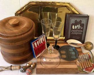 Brass Tray, Walnut Ice Bucket, Vermont Pottery Wine Bottle Holder, More