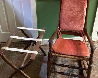 Canebacked Rocking Chair, Luggage Holder, Weathered Rug 