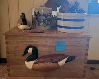 Duck Decoy Chest,Blue And White Crock W Pine Cones, Deer Cookie Jar And More 