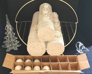 Faux Birch Logs Set, Candle Holder, Heavy Glass Pine Tree and Polar Bear