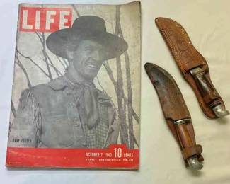 Gary Coopers Cover Life Magazine And Two Blades With Leather Holsters