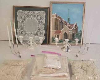 Mayfair Silverplated Candle Holders, Tablecloths, Cloth Napkins, Church Picture And Lace Doiley Framed