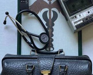 Medical Equipment Littmann Stethoscope, General Electric Cassette Tape Recorder, Framed Emblem, Stethoscope Replacement Parts, And Sony Digital Voice Recorder