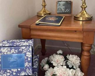 Nightstand, Twin Adjustable Brass Lamps, And Collection Of Photo Albums