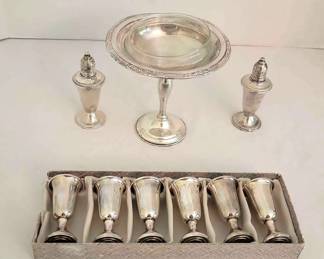 Sterling Silver Compote Dish, Salt Pepper Shakers And Cordial Cups