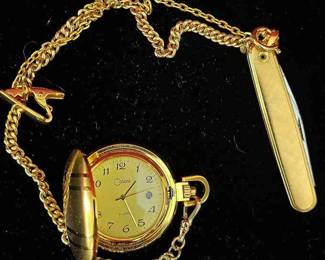 Gold Tone Calibri Pocket Watch With Pen Knife And Chain