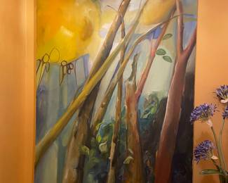 Now $100. Was $200. Vintage large painting on canvas. 38"wx51"h. Vibrant colors. There are a few nicks consistent with age.