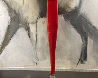 $75. Red glass Vase stands majestically on a crystal clear base. Signed Willsea and O'Brien (the glassmakers). 22" h x 4" square at the base.