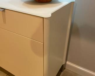 Frosted glass top fits the piece perfectly. High-end craftsmanship; purchased from a store at the Washington Design Center.