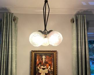 Now $1500. Was $3,000. French Art Deco chandelier by Muller Freres of Luneville, France. Manufactured 1910-20. 23"Hx14"wide