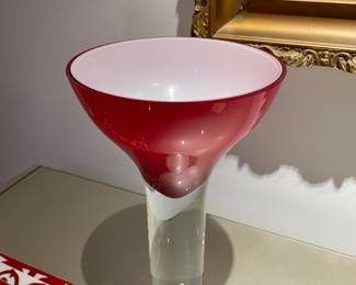 $75. Stunning, tall, elegant art glass vessel. 12"Hx 7"diameter at top. The piece has significant weight, making it a towering but sturdy eyecatcher.