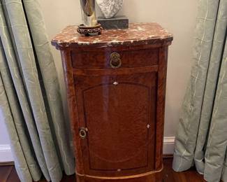 Now $300. Was $600. Antique cabinet or side table with drawer and door. 17"Wx15.5"Dx32.5"H