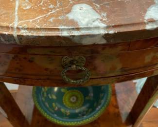 Wood is stunning and beautifully lacquered with brass handle and feet and a gorgeous marble top. Complements previous one with alternative layout.