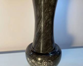 $40. Tall black solid marble vase, plain on one side and etching on other. 14"H x 6" diameter at widest part.