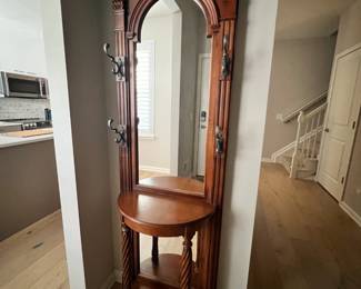 Mid-Modern Century Tall Carved Wood Hall Tree Stand with Mirror