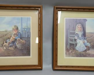 Country Lad With Bushel Of Golden Retriever Puppies Print, Framed Matted Under Glass, 13.5" W x 15.5" H, And Girl In Chair With Kittens Framed Matted Under Glass, 13.5" W x 15.5" H