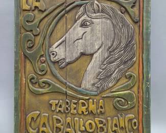 Wood Carved Taberna Caballoblanco Wall Art, 18.75" W x 32.5" H