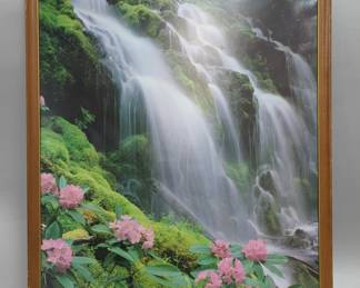 Art Depicting A Waterfall, Framed Under Glass, 25" W x 36" H