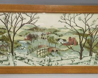 Image Of Country Village Printed On Fabric, Framed Under Glass, 44.5" W x 22.5" H